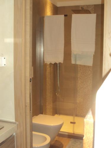 uma casa de banho com um WC e um chuveiro com toalhas em Casa nel bosco em Livata