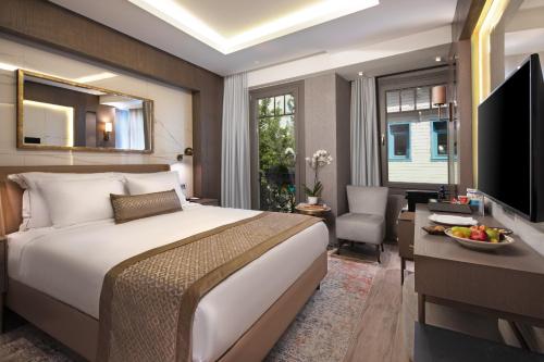 a hotel room with a large bed and a television at Mula Hotel in Istanbul