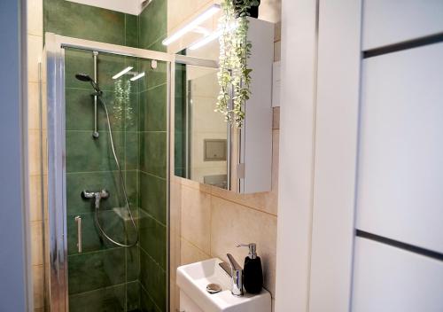 a bathroom with a shower and a toilet and a sink at Baltic Breeze Studio Gdynia -stylowe studio 2-os, blisko morza in Gdynia