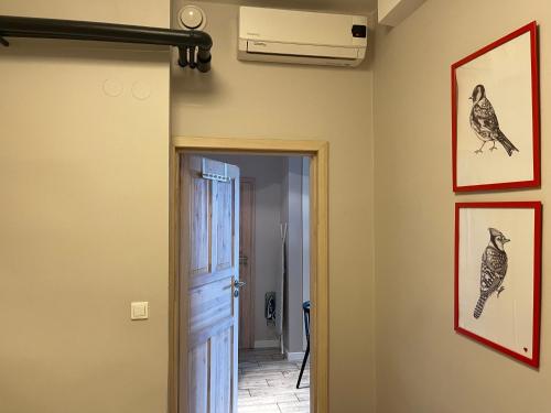 a hallway with a door and pictures of birds on the wall at HeroHostel in Sieradz