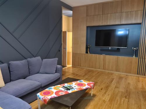a living room with a couch and a tv at Apartamenty Osmolice w Stawach in Dęblin