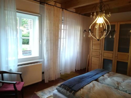 een slaapkamer met een bed, een kroonluchter en een raam bij Ferienwohnung im historischen Zentrum 25562 in Weener