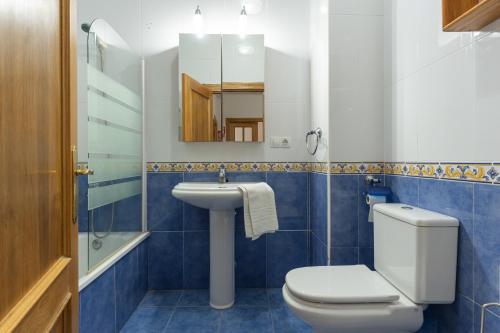 a bathroom with a toilet and a sink and a mirror at Apartamento riosella centro in Ribadesella