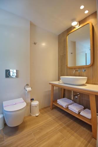 a bathroom with a sink and a toilet and a mirror at Liadromia Hotel in Patitiri