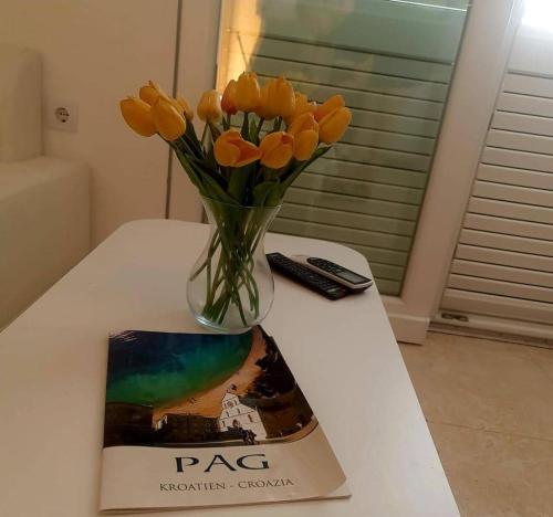a book and a vase of flowers on a table at Apartments MaRo in Pag