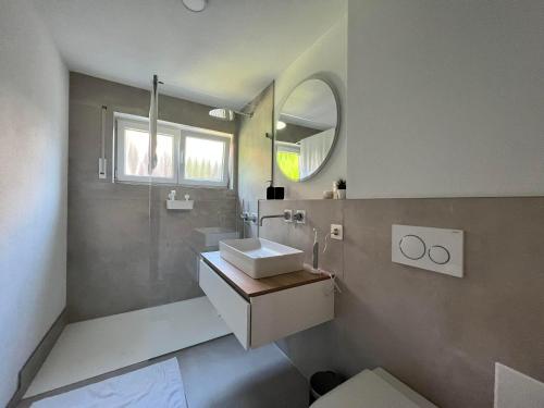 een badkamer met een wastafel en een spiegel bij Lo Ferienwohnung in Friedrichshafen