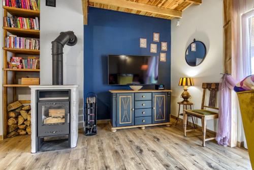 a living room with a tv and a fireplace at Rentynówka in Gietrzwałd