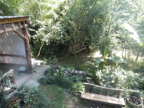a garden with a wooden bench and a bench istg at Robinson Crusoe in Lagodekhi
