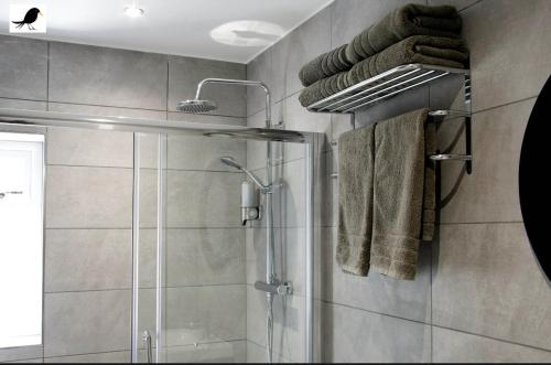 a bathroom with a shower and towels on a wall at Blackbird Accommodation and Luxury Apartments room 14 in Blackpool