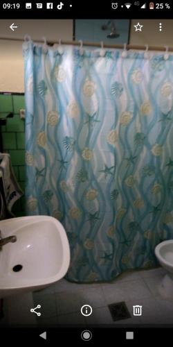 bagno con lavandino e tenda doccia di La casita de Ana y Eto a Villa Elisa