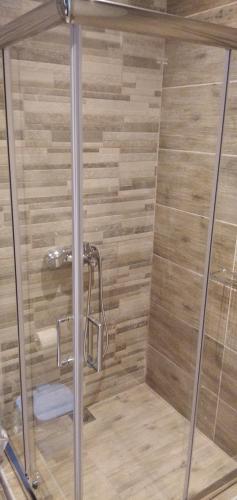 a bathroom with a shower with a glass door at Oasis in Parga