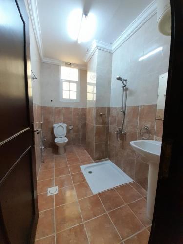 a bathroom with a shower and a toilet and a sink at Today House Suites 2 in Salalah
