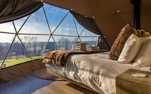 Finest Retreats - Knole Luxury Dome : غرفة بسرير في خيمة مع نوافذ كبيرة