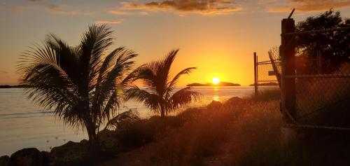 a sunset on the beach with palm trees and the ocean at My Little Shack by the Sea in Lajas