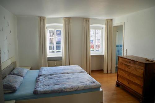 ein Schlafzimmer mit einem Bett, einer Kommode und zwei Fenstern in der Unterkunft Für Liebhaber des Besonderen in Trier