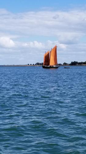 a boat with an orange sail on the water at AMARRÉ Chambres d'Hôtes in Sarzeau
