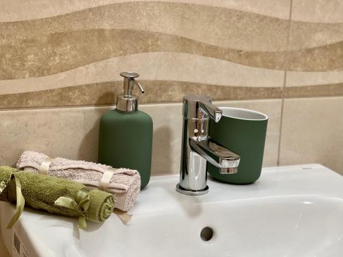 a sink with a soap dispenser and a green bottle at Sara's Apartment Cozy and Close to Center with Private Parking in Skopje