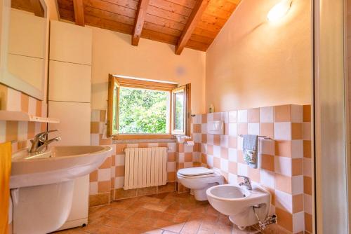 bagno con lavandino e servizi igienici di La dependance immersa nel parco della Villa Isabella a Stresa
