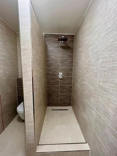 a bathroom with a shower with a toilet at Vila Liberta in Poprad