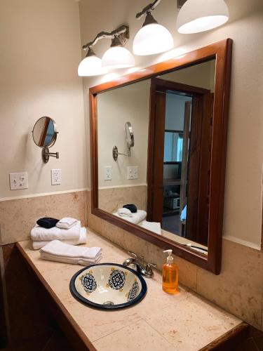 a bathroom with a sink and a large mirror at Caye Casa in San Pedro