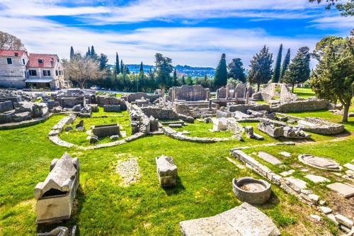ancient ruins in a green field with trees and buildings at Apartment Sika in Solin