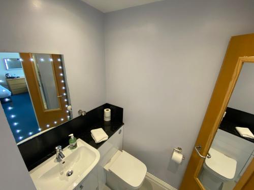 a bathroom with a sink and a toilet and a mirror at Waterfront Lodge - Accommodation Only in Fort William