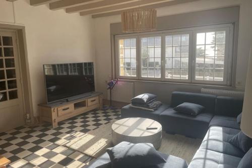 un salon avec un canapé bleu et une télévision dans l'établissement Grande maison vue mer la grande plage a pied, à Quiberon
