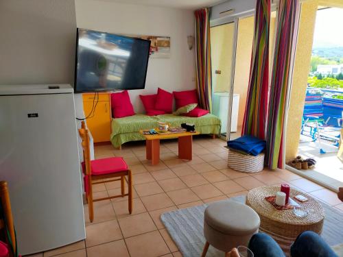 un salon avec un canapé et une télévision dans l'établissement Appartement mer, à Plage dʼArgelès