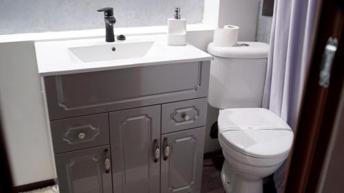 a bathroom with a white sink and a toilet at pensiunea medellin in Tulcea