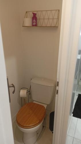une salle de bain avec toilettes avec un siège de toilette en bois dans l'établissement Charmante maison de ville avec parking privé, à Nîmes