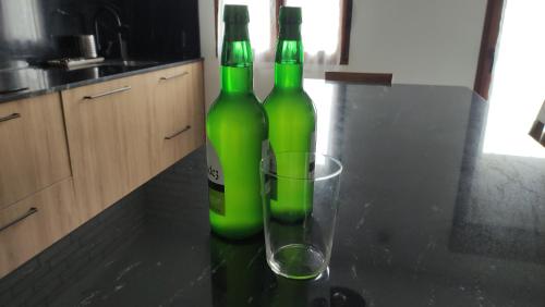 two green bottles sitting on a counter with a glass at Casa Valparaíso in San Martín de Laspra