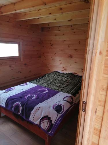 a small bed in a wooden cabin with a purple comforter at Domek na bagnie in Radziłów