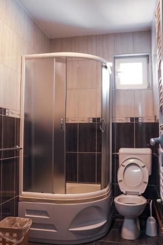 a bathroom with a shower and a toilet at Restoran & Motel Manjež in Bijelo Polje