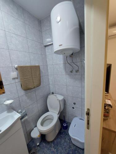 La petite salle de bains est pourvue de toilettes et d'un lavabo. dans l'établissement APARTMAN ADA, à Čukarica