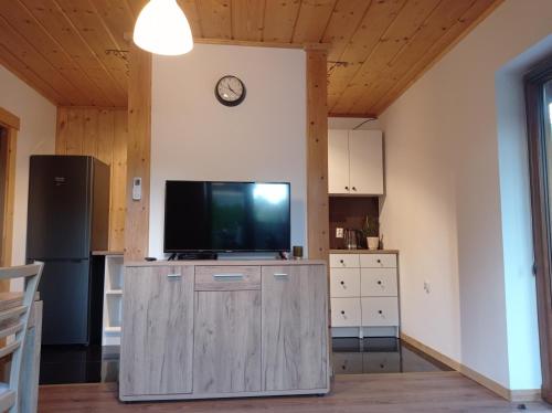 a living room with a television on a wooden cabinet at apartamentyDvorskie in Nowy Sącz