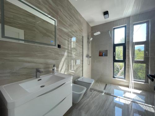 a white bathroom with a sink and a toilet at Villa Pine in Bar