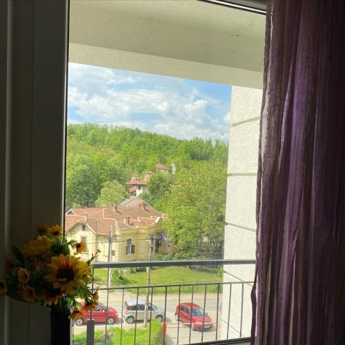 a window with a view of a house at Apartmani CENTAR Vrnjacka Banja & Free Parking in Vrnjačka Banja