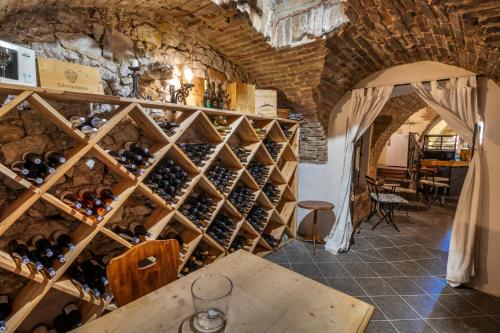 a wine cellar with a wall of wine bottles at Apartmány Lavander Mikulov in Mikulov