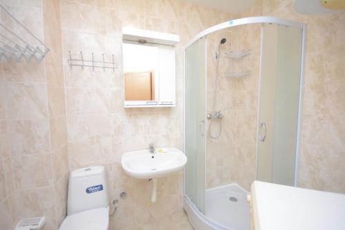 a bathroom with a sink and a toilet and a shower at Vrnjački borovi 2 in Vrnjačka Banja