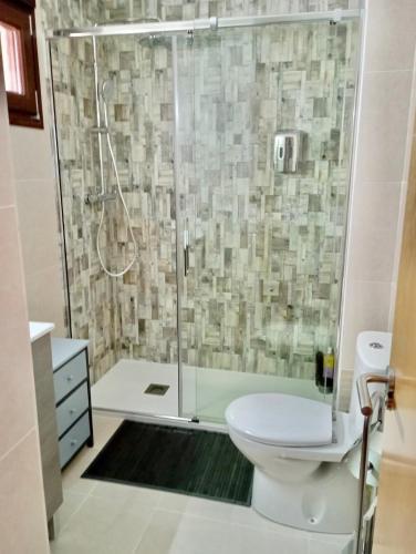a bathroom with a shower and a toilet at Ruidera Resort in Ruidera