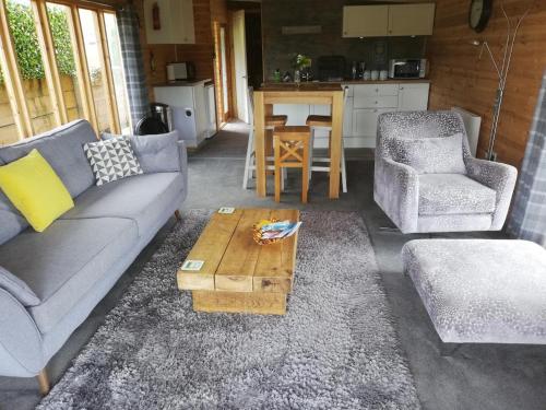 a living room with a couch and a coffee table at Peaceful Cabin Retreat in Skegby in Sutton in Ashfield