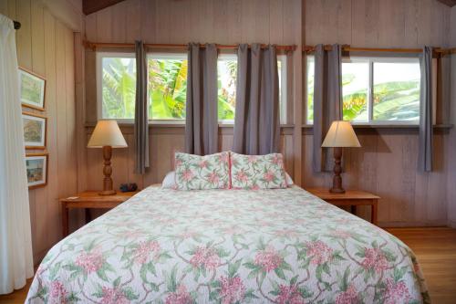 - une chambre avec un grand lit et 2 fenêtres dans l'établissement Manini Beach Breath Taker, à Captain Cook