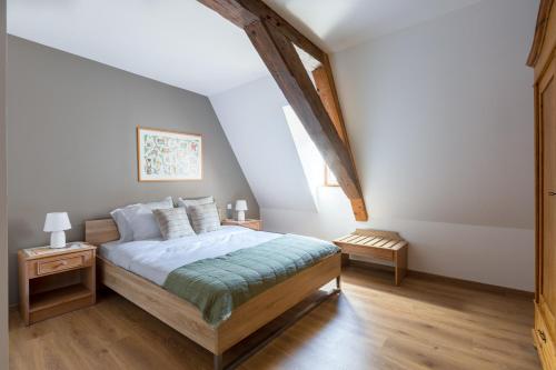 1 dormitorio con 1 cama en el ático en LE RHENANUS Hans Sapidus - appartement spacieux, au calme - parking gratuit, en Sélestat