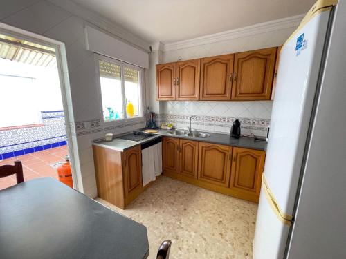 eine Küche mit Holzschränken, einer Spüle und einem Kühlschrank in der Unterkunft Casa Isabel in Arriate