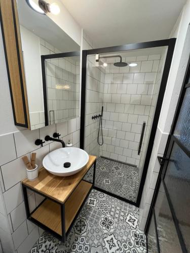 a bathroom with a sink and a shower at Bydlit cz in Brno