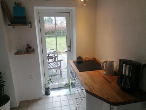 a kitchen with a counter and a door to a patio at Havet-16 in Glesborg