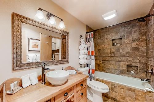 a bathroom with a sink and a toilet and a mirror at Alpine Gem in Park City