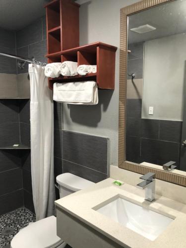 a bathroom with a sink and a toilet and a mirror at Budget Inn Valparaiso/Niceville @ Eglin AFB & Destin-FWB Airport in Niceville