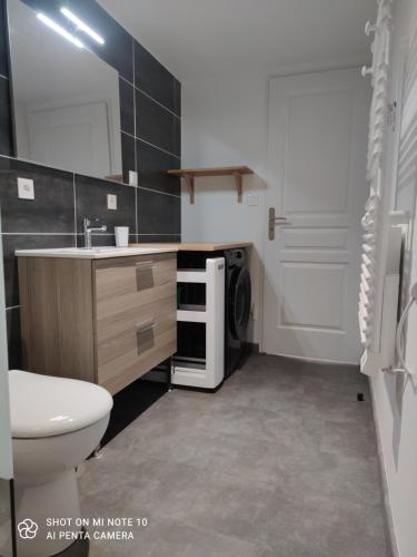 Appartement de charme en plein coeur de Bergerac في برجراك: حمام فيه مغسلة وغسالة ملابس