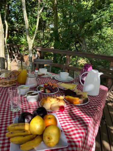 a table with fruits and vegetables on a red and white checked table cloth at Pousada Recanto dos Canyons in Praia Grande